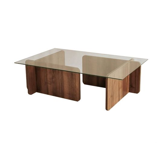 Table Basse Design Alazar 105cm Bois Foncé Et Verre Transparent