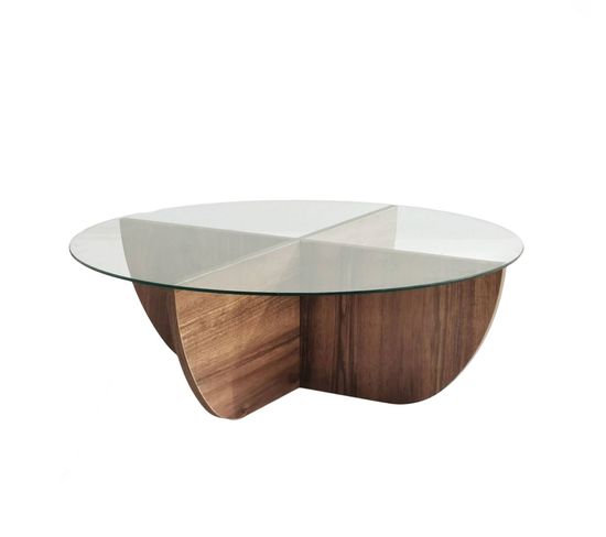 Table Basse Design Sunac D90cm Verre Transparent Et Bois Foncé