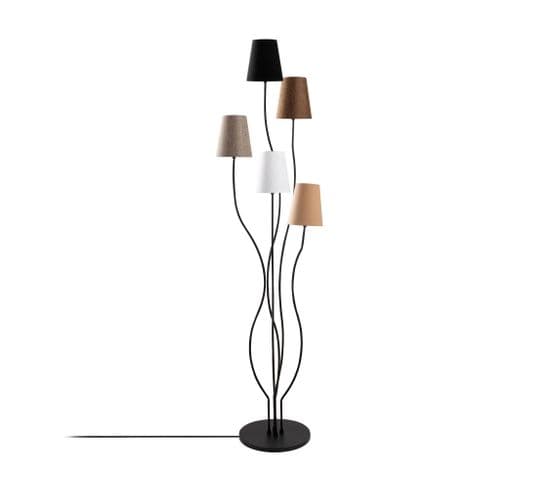 Lampadaire Design 5 Lampes Roselin H160cm Métal Noir Et Tissu Blanc, Marron, Beige, Gris Et Noir