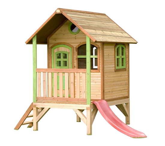 Tom Maison Enfant Avec Toboggan Rouge   Aire De Jeux Pour L'extérieur En Marron Et Vert