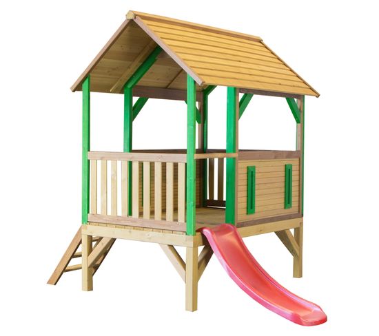 Akela Maison Enfant Avec Toboggan Rouge   Aire De Jeux Pour L'extérieur En Marron et Vert