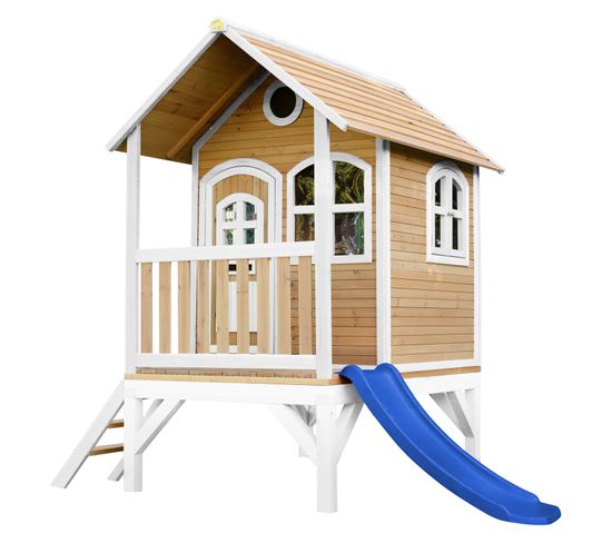 Tom Maison Enfant Avec Toboggan Bleu   Aire De Jeux Pour L'extérieur En Marron et Blanc
