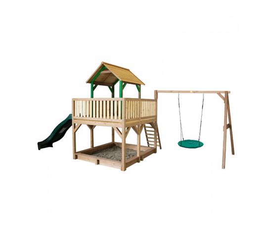 Atka Maison Enfant Avec Bac à Sable, Balançoire Nid D'oiseau Vert et Toboggan Vert   Aire De