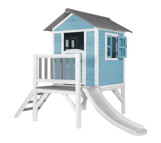 Maison Enfant Beach Lodge Xl En Bleu Avec Toboggan En Blanc   Maison De Jeux En Bois Ffc Pour