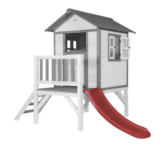 Maison Enfant Beach Lodge Xl En Blanc Avec Toboggan En Rouge   Maison De Jeux En Bois Ffc Pour