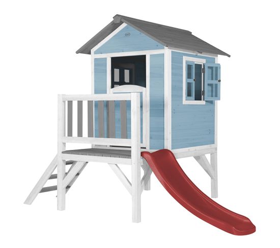Maison Enfant Beach Lodge Xl En Bleu Avec Toboggan En Rouge   Maison De Jeux En Bois Ffc Pour