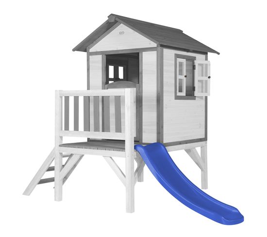 Maison Enfant Beach Lodge Xl En Blanc Avec Toboggan Bleu   Maison De Jeux En Bois Ffc Pour Les