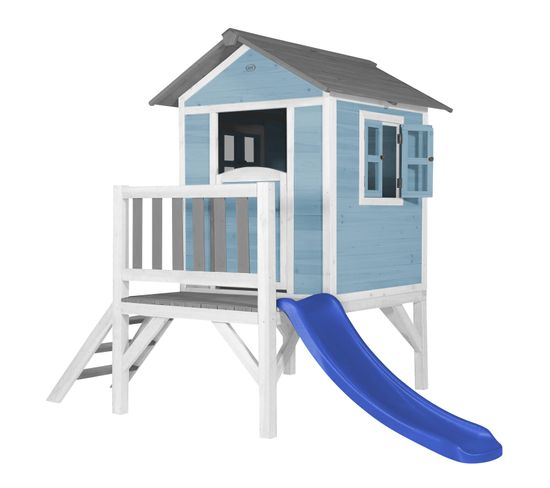 Maison Enfant Beach Lodge Xl En Bleu Avec Toboggan Bleu   Maison De Jeux En Bois Ffc Pour Les