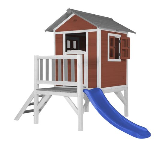 Maison Enfant Beach Lodge Xl En Rouge Avec Toboggan Bleu   Maison De Jeux En Bois Ffc Pour Les