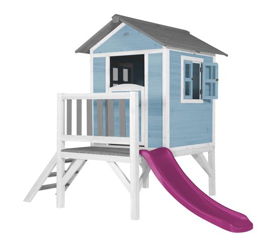 Maison Enfant Beach Lodge Xl En Bleu Avec Toboggan En Violet   Maison De Jeux En Bois Ffc Pour