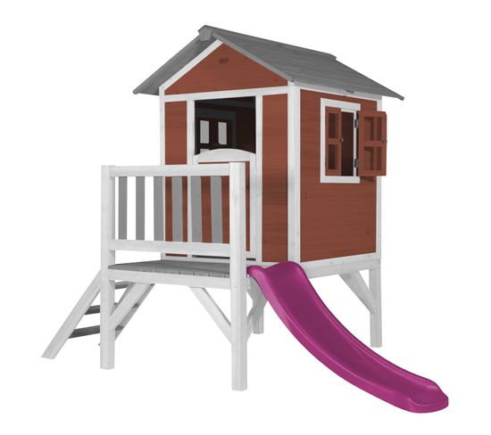 Maison Enfant Beach Lodge Xl En Rouge Avec Toboggan Violet   Maison De Jeux En Bois Ffc Pour
