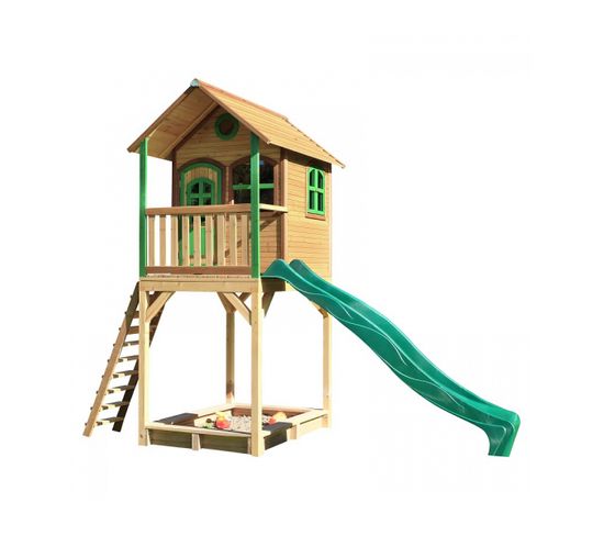Romy Maison Enfant Avec Bac à Sable et Toboggan Vert   Aire De Jeux Pour L'extérieur En Marron et