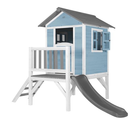 Maison Enfant Beach Lodge Xl En Bleu Avec Toboggan En Gris   Maison De Jeux En Bois Ffc Pour