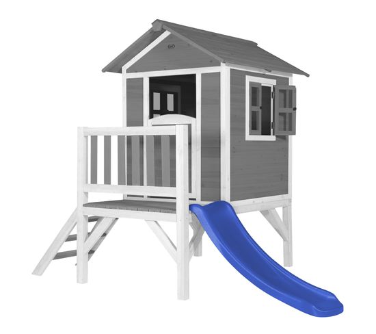 Maison Enfant Beach Lodge Xl En Gris Avec Toboggan En Bleu   Maison De Jeux En Bois Ffc Pour