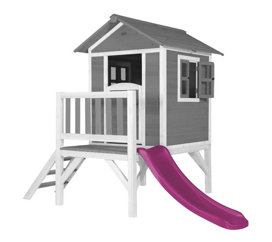 Maison Enfant Beach Lodge Xl En Gris Avec Toboggan En Violet   Maison De Jeux En Bois Ffc Pour