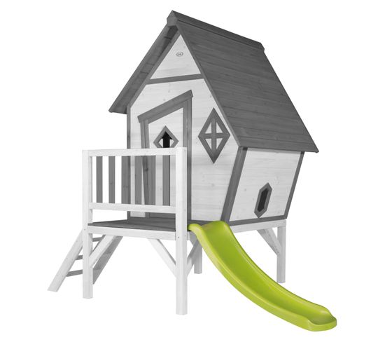 Cabin Xl Maison Enfant Avec Toboggan Vert Clair   Aire De Jeux Pour L'extérieur En Gris Et Blanc