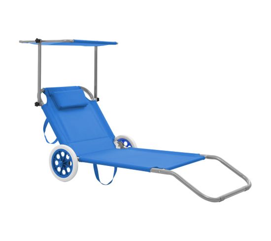 Chaise Longue Pliable Avec Auvent Et Roues Acier Bleu