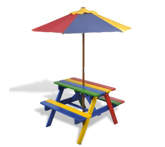 Table Et Bancs Avec Parasol Pour Enfants - 75x85x52 Cm - Multicolore