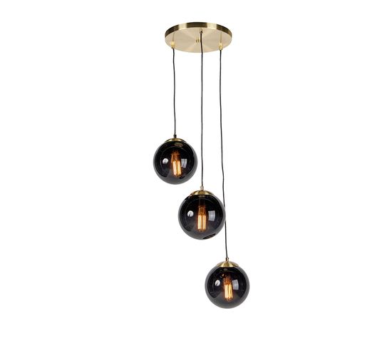 Lampe à Suspension Art Déco En Laiton Avec Verre Noir à 3 Lumières - Pallon
