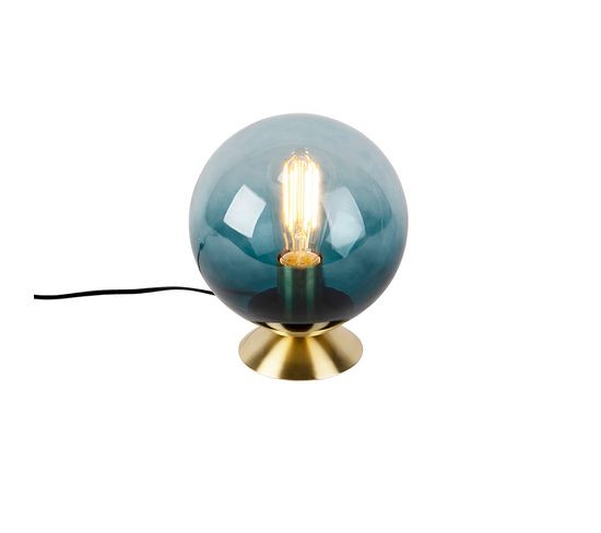 Lampe De Table Art Déco En Laiton Avec Verre Bleu - Pallon