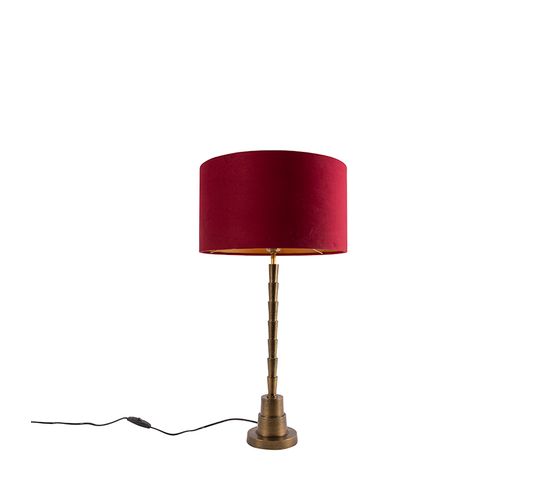 Lampe De Table Art Déco Bronze Velours Abat-jour Rouge 35 Cm - Pisos