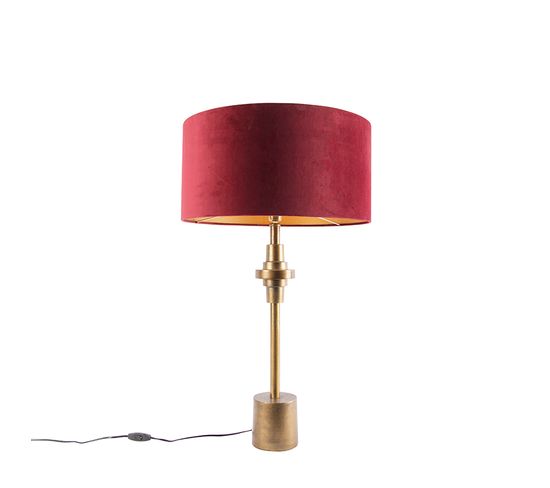 Lampe De Table Art Déco Bronze Velours Abat-jour Rouge 50 Cm - Diverso