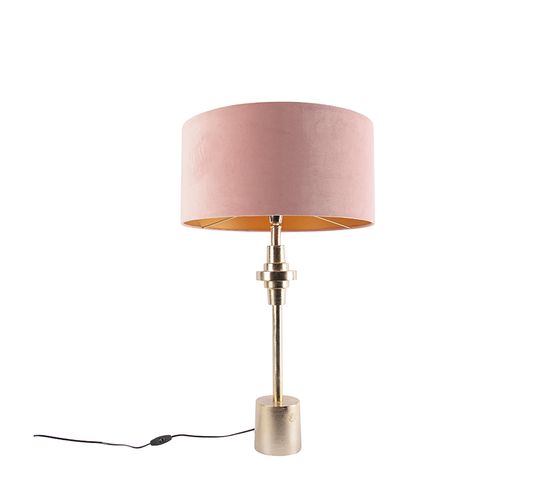 Lampe De Table Art Déco Velours Doré Abat-jour Rose 50 Cm - Diverso