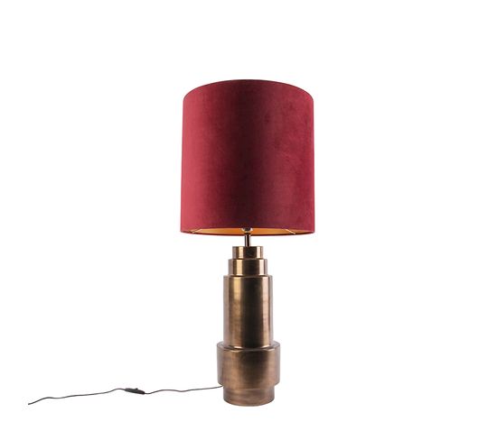Lampe De Table Art Déco Bronze Velours Abat-jour Rouge Avec Or 50cm - Bruut