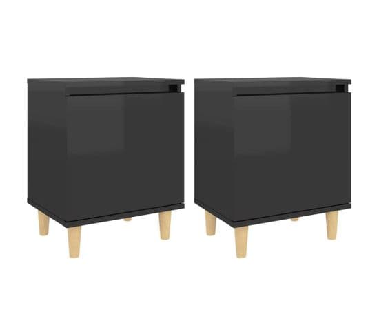 Tables De Chevet Pieds En Bois 2 PCs Noir Brillant 40x30x50 Cm