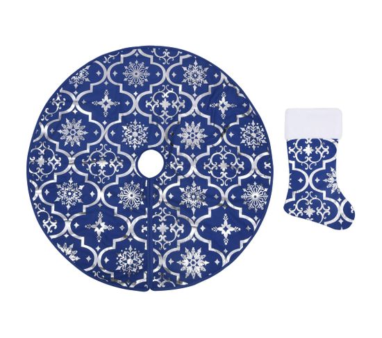 Jupe De Sapin De Noël De Luxe Avec Chaussette Bleu 90 Cm Tissu