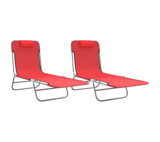 Chaises Longues Pliables 2 PCs Rouge Textilène Et Acier